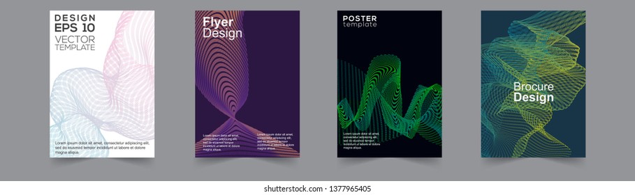 Wave Abstract Covers. Templates Set with Wavy Stripes. Movement and Distortion Effect. EPS10 Vector Design. 3D Backgrounds with Flow Lines. Wave Covers for Brochure, Magazine, Music Poster, Book, Page