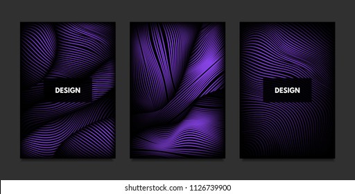 Wave. Abstract Geometry. Cover Design Templates Set with 3d Effect. Vibrant Gradient with Wavy Lines. Trendy Purple Futuristic Illustration with Distortion. Vector Wave for Brochure, Business, Poster.