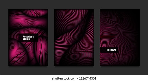 Wave. Abstract Geometry. Cover Design Templates Set with 3d Effect. Vibrant Gradient with Wavy Lines. Trendy Pink Modern Illustration with Distortion. Vector Wave for Brochure, Business, Poster, Book.
