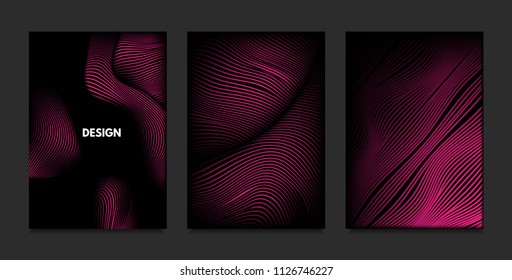 Wave. Abstract Geometry. Cover Design Templates Set with 3d Effect. Vibrant Gradient with Wavy Lines. Trendy Pink Modern Illustration with Distortion. Vector Wave for Brochure, Business, Poster, Book.
