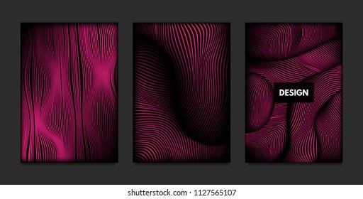 Wave. Abstract Geometry. Cover Design Templates Set with 3d Effect. Vibrant Gradient with Wavy Lines. Trendy Pink Modern Illustration with Distortion. Vector Wave for Brochure, Business, Poster, Book.