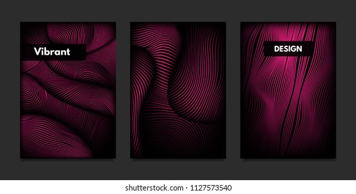 Wave. Abstract Geometry. Cover Design Templates Set with 3d Effect. Vibrant Gradient with Wavy Lines. Trendy Pink Modern Illustration with Distortion. Vector Wave for Brochure, Business, Poster, Book.