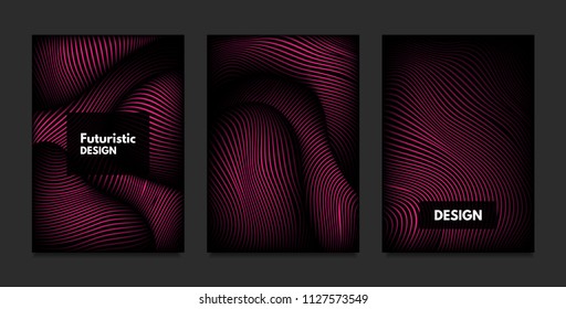 Wave. Abstract Geometry. Cover Design Templates Set with 3d Effect. Vibrant Gradient with Wavy Lines. Trendy Pink Modern Illustration with Distortion. Vector Wave for Brochure, Business, Poster, Book.