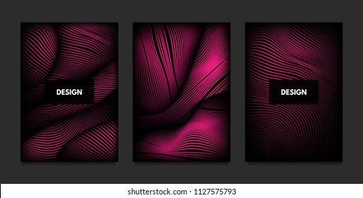 Wave. Abstract Geometry. Cover Design Templates Set with 3d Effect. Vibrant Gradient with Wavy Lines. Trendy Pink Modern Illustration with Distortion. Vector Wave for Brochure, Business, Poster, Book.