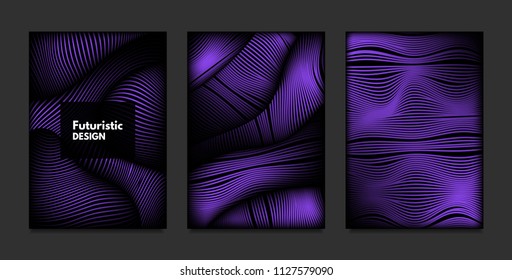 Wave. Abstract Geometry. Cover Design Templates Set with 3d Effect. Vibrant Gradient with Wavy Lines. Trendy Purple Futuristic Illustration with Distortion. Vector Wave for Brochure, Business, Poster.