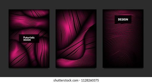 Wave. Abstract Geometry. Cover Design Templates Set with 3d Effect. Vibrant Gradient with Wavy Lines. Trendy Pink Modern Illustration with Distortion. Vector Wave for Brochure, Business, Poster, Book.