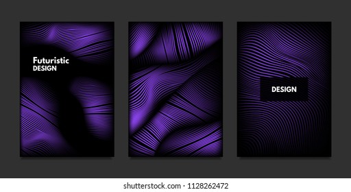 Wave. Abstract Geometry. Cover Design Templates Set with 3d Effect. Vibrant Gradient with Wavy Lines. Trendy Purple Futuristic Illustration with Distortion. Vector Wave for Brochure, Business, Poster.