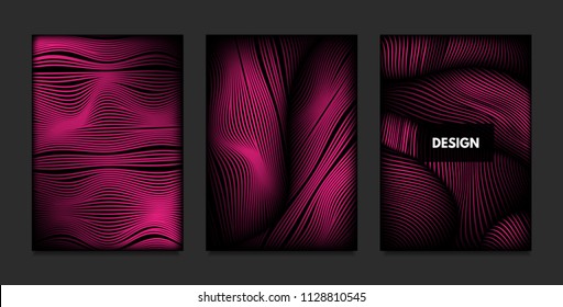 Wave. Abstract Geometry. Cover Design Templates Set with 3d Effect. Vibrant Gradient with Wavy Lines. Trendy Pink Modern Illustration with Distortion. Vector Wave for Brochure, Business, Poster, Book.