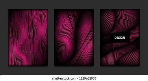 Wave. Abstract Geometry. Cover Design Templates Set with 3d Effect. Vibrant Gradient with Wavy Lines. Trendy Pink Modern Illustration with Distortion. Vector Wave for Brochure, Business, Poster, Book.