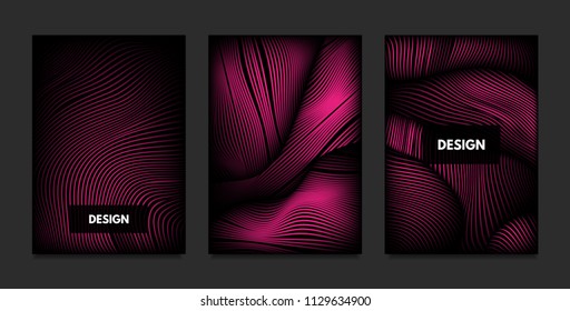 Wave. Abstract Geometry. Cover Design Templates Set with 3d Effect. Vibrant Gradient with Wavy Lines. Trendy Pink Modern Illustration with Distortion. Vector Wave for Brochure, Business, Poster, Book.