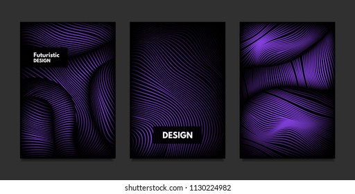 Wave. Abstract Geometry. Cover Design Templates Set with 3d Effect. Vibrant Gradient with Wavy Lines. Trendy Purple Futuristic Illustration with Distortion. Vector Wave for Brochure, Business, Poster.