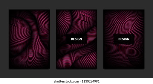 Wave. Abstract Geometry. Cover Design Templates Set with 3d Effect. Vibrant Gradient with Wavy Lines. Trendy Pink Modern Illustration with Distortion. Vector Wave for Brochure, Business, Poster, Book.