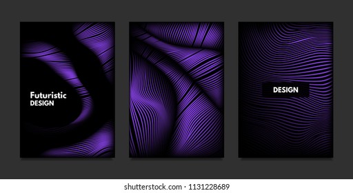 Wave. Abstract Geometry. Cover Design Templates Set with 3d Effect. Vibrant Gradient with Wavy Lines. Trendy Purple Futuristic Illustration with Distortion. Vector Wave for Brochure, Business, Poster.
