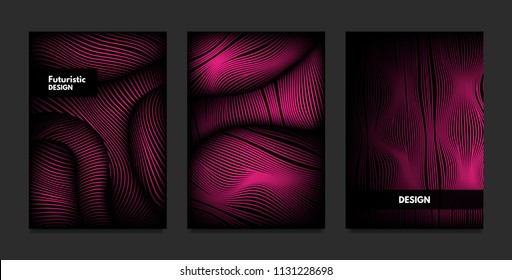 Wave. Abstract Geometry. Cover Design Templates Set with 3d Effect. Vibrant Gradient with Wavy Lines. Trendy Pink Modern Illustration with Distortion. Vector Wave for Brochure, Business, Poster, Book.