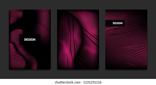 Wave. Abstract Geometry. Cover Design Templates Set with 3d Effect. Vibrant Gradient with Wavy Lines. Trendy Pink Modern Illustration with Distortion. Vector Wave for Brochure, Business, Poster, Book.