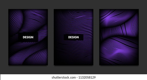 Wave. Abstract Geometry. Cover Design Templates Set with 3d Effect. Vibrant Gradient with Wavy Lines. Trendy Purple Futuristic Illustration with Distortion. Vector Wave for Brochure, Business, Poster.