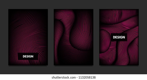 Wave. Abstract Geometry. Cover Design Templates Set with 3d Effect. Vibrant Gradient with Wavy Lines. Trendy Pink Modern Illustration with Distortion. Vector Wave for Brochure, Business, Poster, Book.