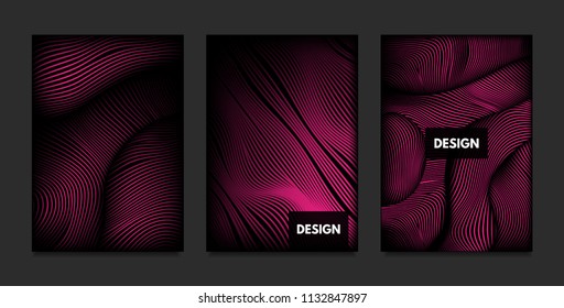 Wave. Abstract Geometry. Cover Design Templates Set with 3d Effect. Vibrant Gradient with Wavy Lines. Trendy Pink Modern Illustration with Distortion. Vector Wave for Brochure, Business, Poster, Book.