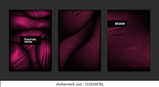 Wave. Abstract Geometry. Cover Design Templates Set with 3d Effect. Vibrant Gradient with Wavy Lines. Trendy Pink Modern Illustration with Distortion. Vector Wave for Brochure, Business, Poster, Book.