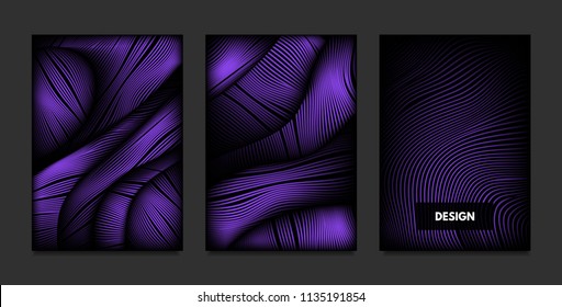Wave. Abstract Geometry. Cover Design Templates Set with 3d Effect. Vibrant Gradient with Wavy Lines. Trendy Purple Futuristic Illustration with Distortion. Vector Wave for Brochure, Business, Poster.