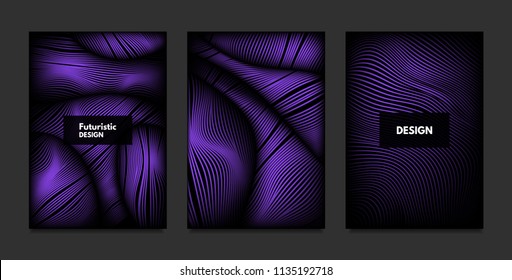 Wave. Abstract Geometry. Cover Design Templates Set with 3d Effect. Vibrant Gradient with Wavy Lines. Trendy Purple Futuristic Illustration with Distortion. Vector Wave for Brochure, Business, Poster.