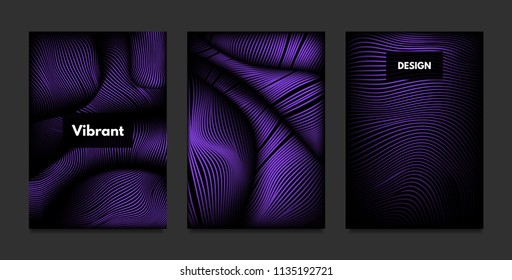 Wave. Abstract Geometry. Cover Design Templates Set with 3d Effect. Vibrant Gradient with Wavy Lines. Trendy Purple Futuristic Illustration with Distortion. Vector Wave for Brochure, Business, Poster.