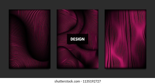 Wave. Abstract Geometry. Cover Design Templates Set with 3d Effect. Vibrant Gradient with Wavy Lines. Trendy Pink Modern Illustration with Distortion. Vector Wave for Brochure, Business, Poster, Book.