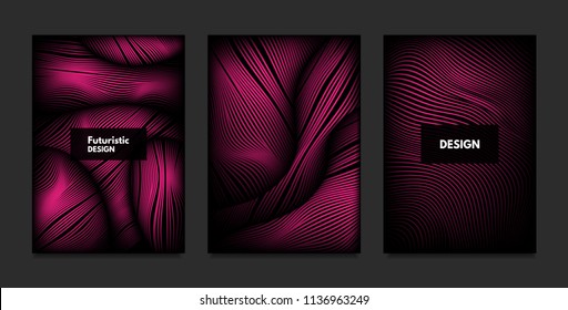 Wave. Abstract Geometry. Cover Design Templates Set with 3d Effect. Vibrant Gradient with Wavy Lines. Trendy Pink Modern Illustration with Distortion. Vector Wave for Brochure, Business, Poster, Book.