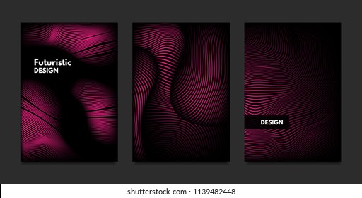 Wave. Abstract Geometry. Cover Design Templates Set with 3d Effect. Vibrant Gradient with Wavy Lines. Trendy Pink Modern Illustration with Distortion. Vector Wave for Brochure, Business, Poster, Book.