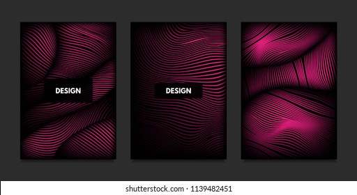 Wave. Abstract Geometry. Cover Design Templates Set with 3d Effect. Vibrant Gradient with Wavy Lines. Trendy Pink Modern Illustration with Distortion. Vector Wave for Brochure, Business, Poster, Book.