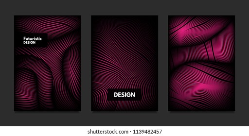 Wave. Abstract Geometry. Cover Design Templates Set with 3d Effect. Vibrant Gradient with Wavy Lines. Trendy Pink Modern Illustration with Distortion. Vector Wave for Brochure, Business, Poster, Book.