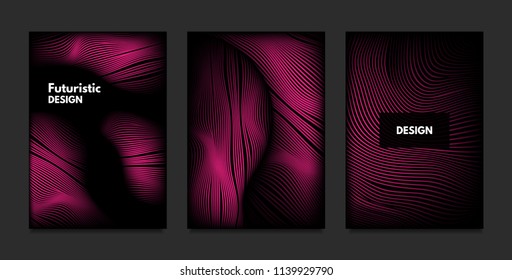 Wave. Abstract Geometry. Cover Design Templates Set with 3d Effect. Vibrant Gradient with Wavy Lines. Trendy Pink Modern Illustration with Distortion. Vector Wave for Brochure, Business, Poster, Book.