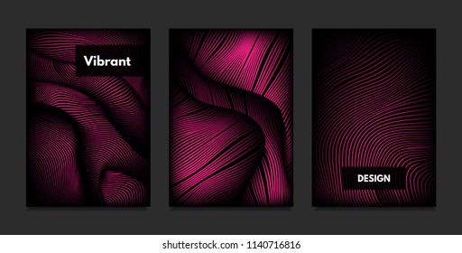Wave. Abstract Geometry. Cover Design Templates Set with 3d Effect. Vibrant Gradient with Wavy Lines. Trendy Pink Modern Illustration with Distortion. Vector Wave for Brochure, Business, Poster, Book.