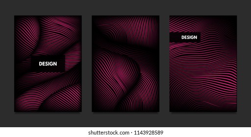 Wave. Abstract Geometry. Cover Design Templates Set with 3d Effect. Vibrant Gradient with Wavy Lines. Trendy Pink Modern Illustration with Distortion. Vector Wave for Brochure, Business, Poster, Book.