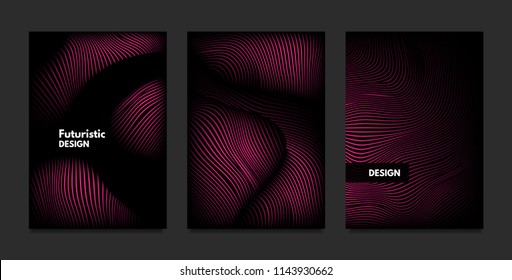 Wave. Abstract Geometry. Cover Design Templates Set with 3d Effect. Vibrant Gradient with Wavy Lines. Trendy Pink Modern Illustration with Distortion. Vector Wave for Brochure, Business, Poster, Book.