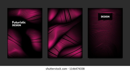 Wave. Abstract Geometry. Cover Design Templates Set with 3d Effect. Vibrant Gradient with Wavy Lines. Trendy Pink Modern Illustration with Distortion. Vector Wave for Brochure, Business, Poster, Book.