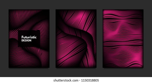 Wave. Abstract Geometry. Cover Design Templates Set with 3d Effect. Vibrant Gradient with Wavy Lines. Trendy Pink Modern Illustration with Distortion. Vector Wave for Brochure, Business, Poster, Book.