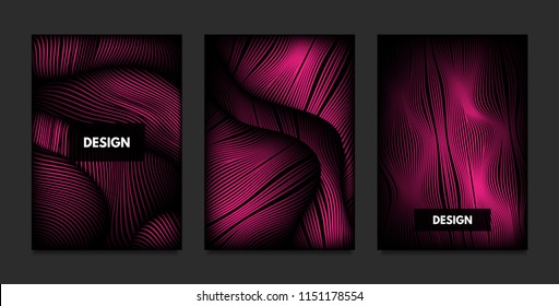 Wave. Abstract Geometry. Cover Design Templates Set with 3d Effect. Vibrant Gradient with Wavy Lines. Trendy Pink Modern Illustration with Distortion. Vector Wave for Brochure, Business, Poster, Book.