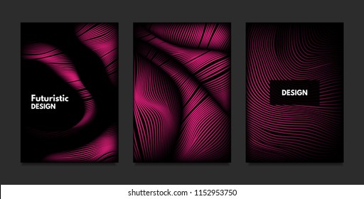 Wave. Abstract Geometry. Cover Design Templates Set with 3d Effect. Vibrant Gradient with Wavy Lines. Trendy Pink Modern Illustration with Distortion. Vector Wave for Brochure, Business, Poster, Book.