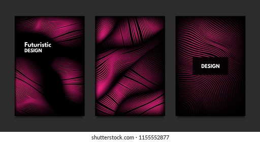 Wave. Abstract Geometry. Cover Design Templates Set with 3d Effect. Vibrant Gradient with Wavy Lines. Trendy Pink Modern Illustration with Distortion. Vector Wave for Brochure, Business, Poster, Book.