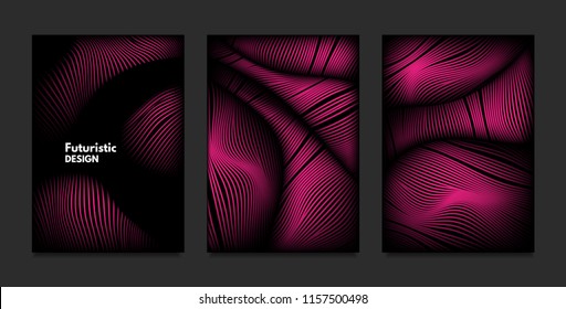 Wave. Abstract Geometry. Cover Design Templates Set with 3d Effect. Vibrant Gradient with Wavy Lines. Trendy Pink Modern Illustration with Distortion. Vector Wave for Brochure, Business, Poster, Book.
