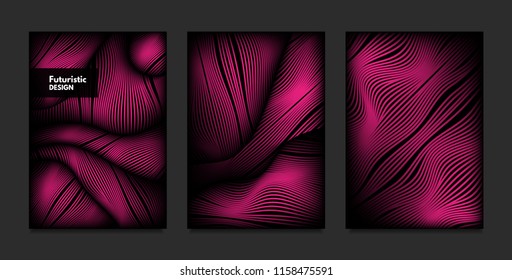 Wave. Abstract Geometry. Cover Design Templates Set with 3d Effect. Vibrant Gradient with Wavy Lines. Trendy Pink Modern Illustration with Distortion. Vector Wave for Brochure, Business, Poster, Book.