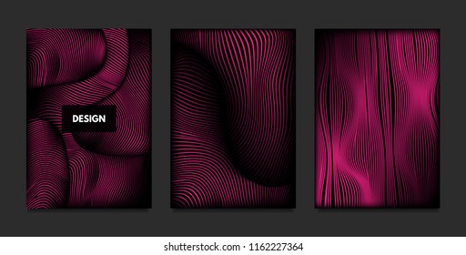 Wave. Abstract Geometry. Cover Design Templates Set with 3d Effect. Vibrant Gradient with Wavy Lines. Trendy Pink Modern Illustration with Distortion. Vector Wave for Brochure, Business, Poster, Book.