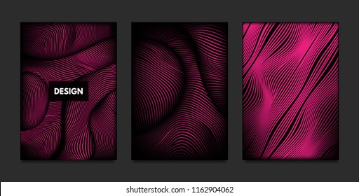 Wave. Abstract Geometry. Cover Design Templates Set with 3d Effect. Vibrant Gradient with Wavy Lines. Trendy Pink Modern Illustration with Distortion. Vector Wave for Brochure, Business, Poster, Book.
