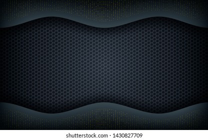 Wave abstract overlap layer on hexagon black background. Texture with golden glitters dots element decoration.
