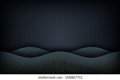 Wave abstract overlap layer on hexagon black background. Texture with golden glitters dots element decoration.