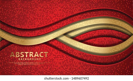 Wave abstract overlap layer on halftone pattern background. Texture with gold, and red glitters dots element decoration.