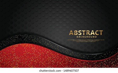 Wave abstract overlap layer on halftone pattern background. Texture with gold, red and black glitters dots element decoration.