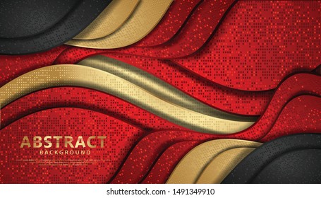Wave abstract overlap layer on black stripes pattern background. Texture with gold, and red glitters dots element decoration.