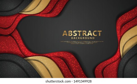Wave abstract overlap layer on black stripes pattern background. Texture with gold, and red glitters dots element decoration.